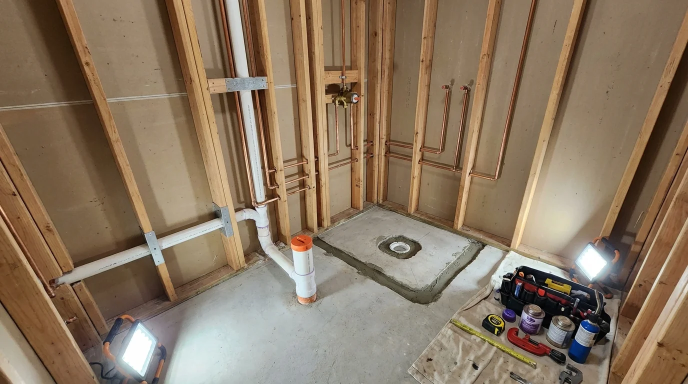 Bathroom rough-in plumbing during remodel by Johns Plumbing LLC in Flat Rock