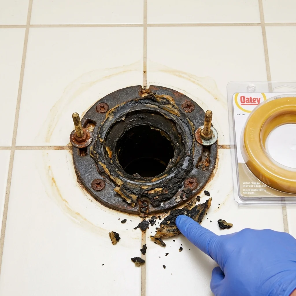 Failed wax ring showing water seepage at the base of a toilet in a Flat Rock, MI home