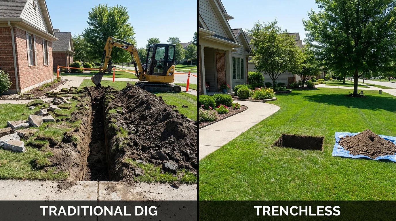 Trenchless sewer repair with minimal yard damage versus traditional excavation in Flat Rock, MI